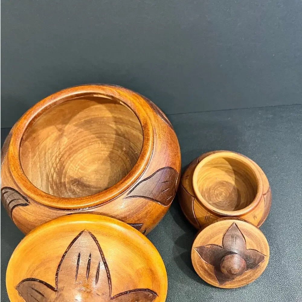 Haitian Hand-Carved Two Toned Monkey Pod Wood Lidded Bowls Vintage Folk Art Fish